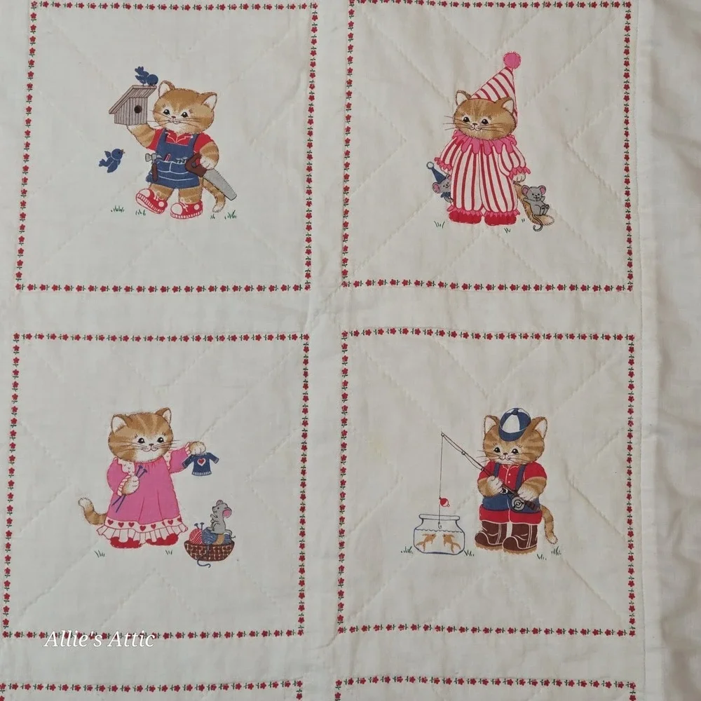 Vintage Cat Quilt Hand Made Patch Work Colorful Throw Blanket Anthropomorphic